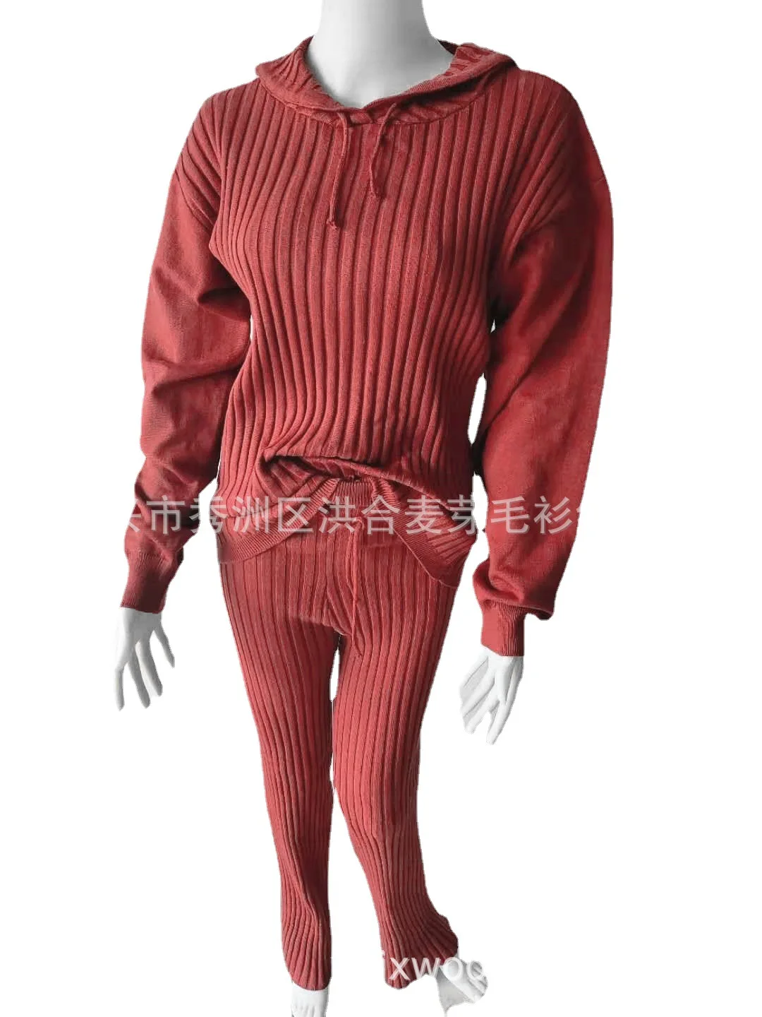 

Kalenmos 2021 Women Two-piece Set Solid Color Knitted Hooded Lantern Sleeve Sweater Long Lace-up Wide-leg Pants Knitted Outfits