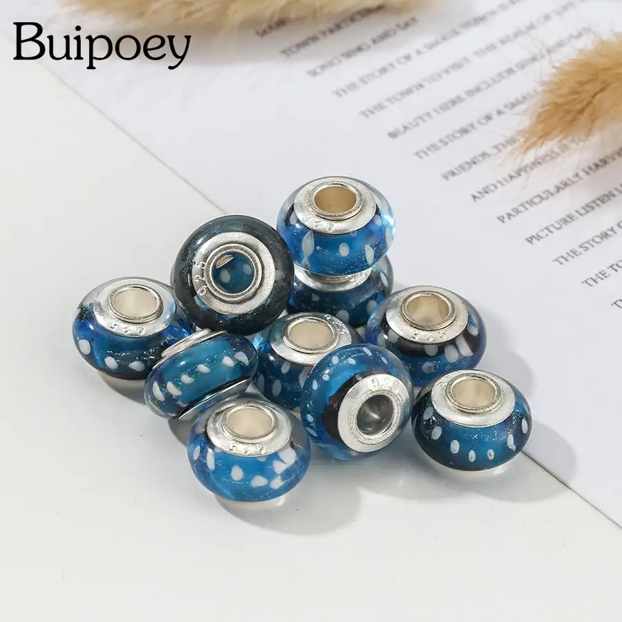 

Buipoey 2pcs/lot White Dot Pattern Murano Blue Glass Beads Big Hole Beaded Fit Diy Bracelet Bangle Jewelry Making Accessory