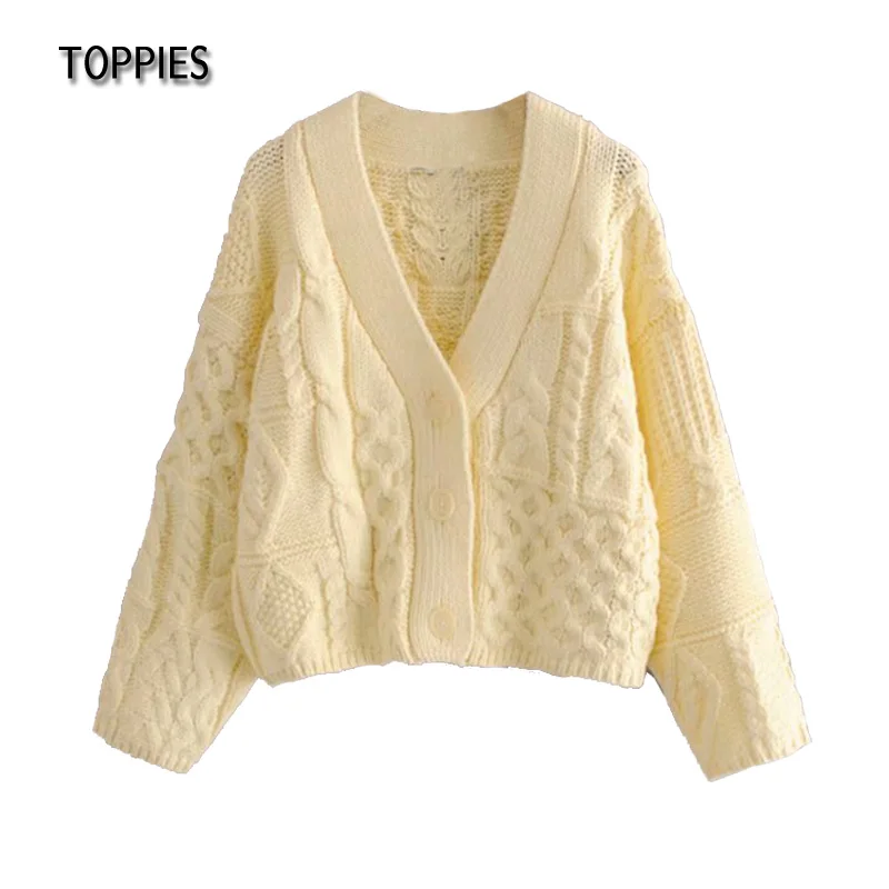 

Женский короткий вязаный кардиган Toppies, желтый однотонный кардиган на пуговицах с V-образным вырезом, осень 2021