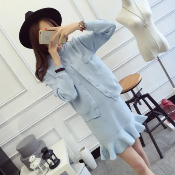 Комплект из 2 предметов зимний Кардиган Топ с длинным рукавом и юбка платья