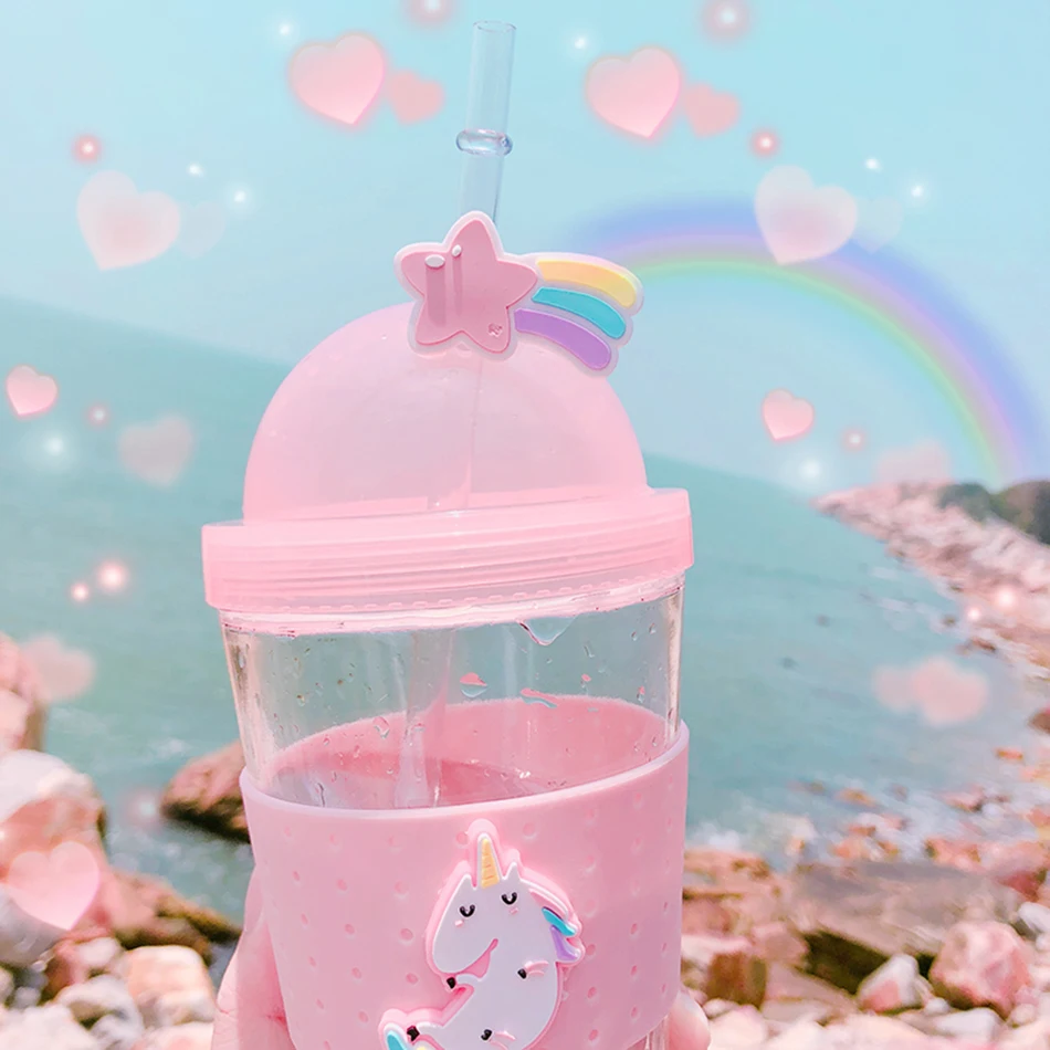 Boxi Kpop Kawaii стеклянная бутылка для воды для девочек, мультяшная Милая бутылка для воды для детей и взрослых, чашка для воды с крышкой и соломенными ручными чашками