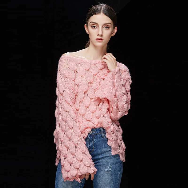 Осень 2019 вязаный свитер с расклешенными рукавами и перьями женские свободные