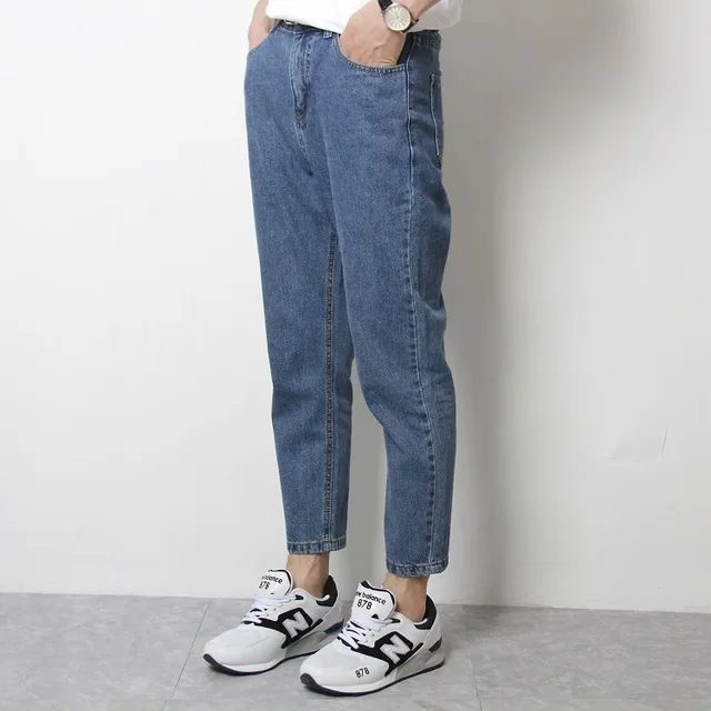 

Men's solid color harem jeans 2020 summer Japanese casual pants feet Hong Kong style ankle length pants blue simple male jeans