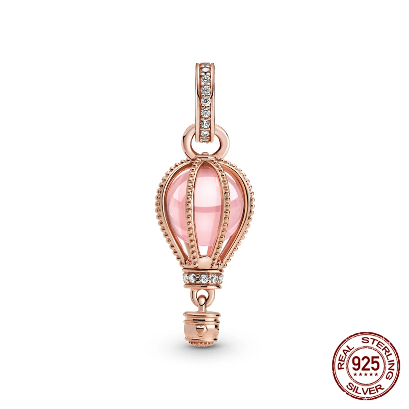 

925 Sterling Silver Pendant Sparkling Pink Hot Air Balloon Dangle Charm Fit Original Pan Bracelets DIY Lady Jewelry Making