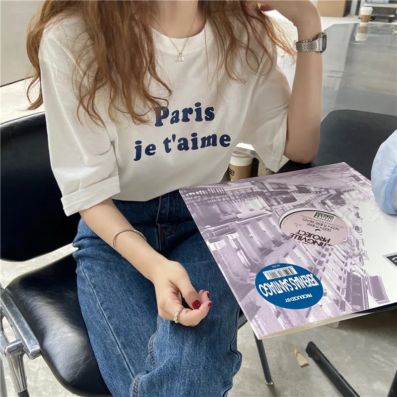 

Simple Letter Printed Causal Loose Basic Fashion College Wind Preppy Style Fashion Short Sleeve Women Top T-shirts
