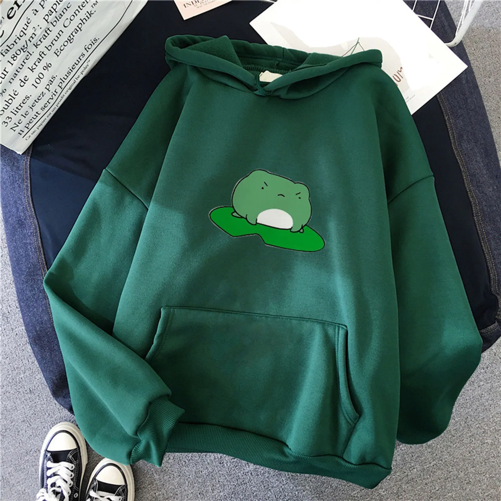 Frog Hoodies Women Girls Solid Color Japanese Harajuku Casual Long Sleeve Print Pullover Hoodie Sweatshirt Tops Blouse Oversized