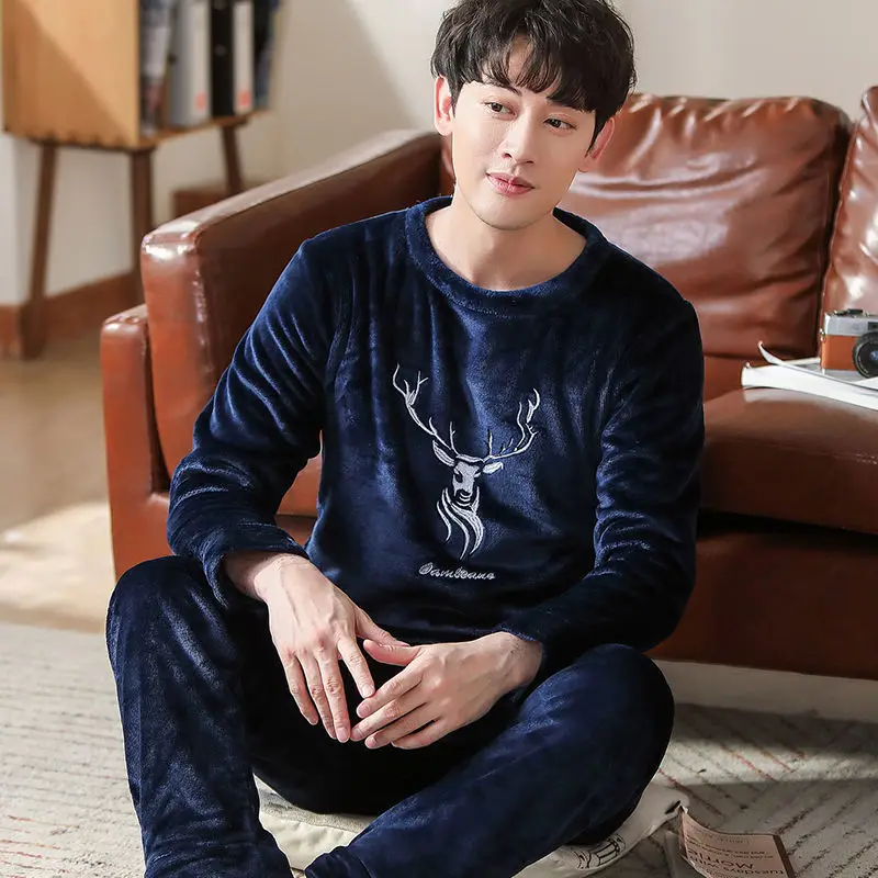 man pajama set Теплая Пижама Мужская Фланелевая Зимняя Толстая Пижама Мужская Толстая пижама с длинным рукавом Повседневная Осенняя Пижама для мужчин коралловый флис для сна XXXL - Цвет: man pajama set