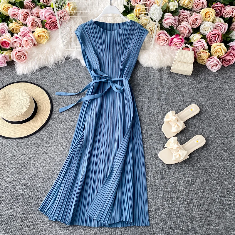 

Elegant Solid Women Dress Summer Sleeveless Pleated Mid-calf Dress Fashion Office A Line Lace Up Casual Dresses Vestidos Mujer