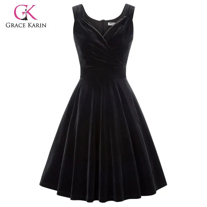 Женское винтажное бархатное платье Grace Karin черное расклешенное трапециевидной