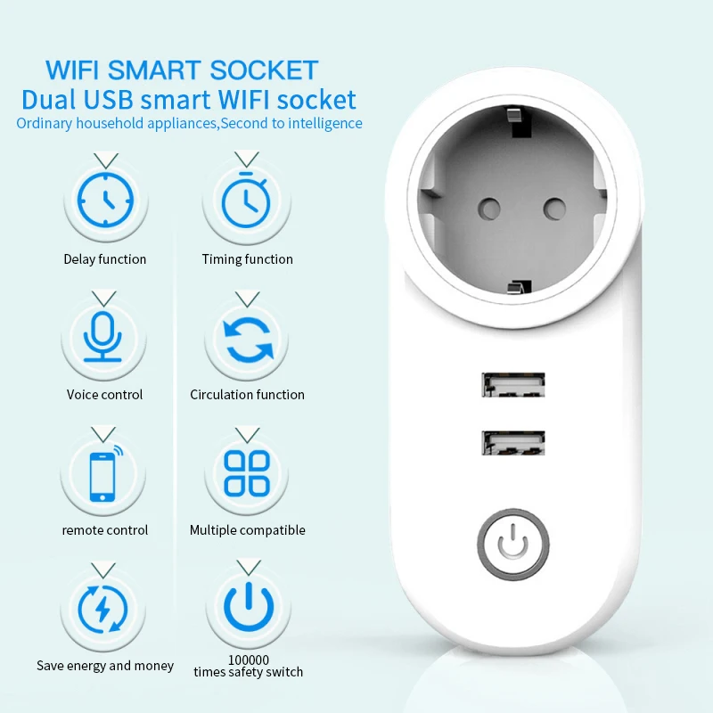 

Умная розетка Wi-Fi разъем ЕС Bluetooth Беспроводной 10A Smart Plug пульт дистанционного управления голосовой Управление таймер 2 UBS работать с Alexa Google Home