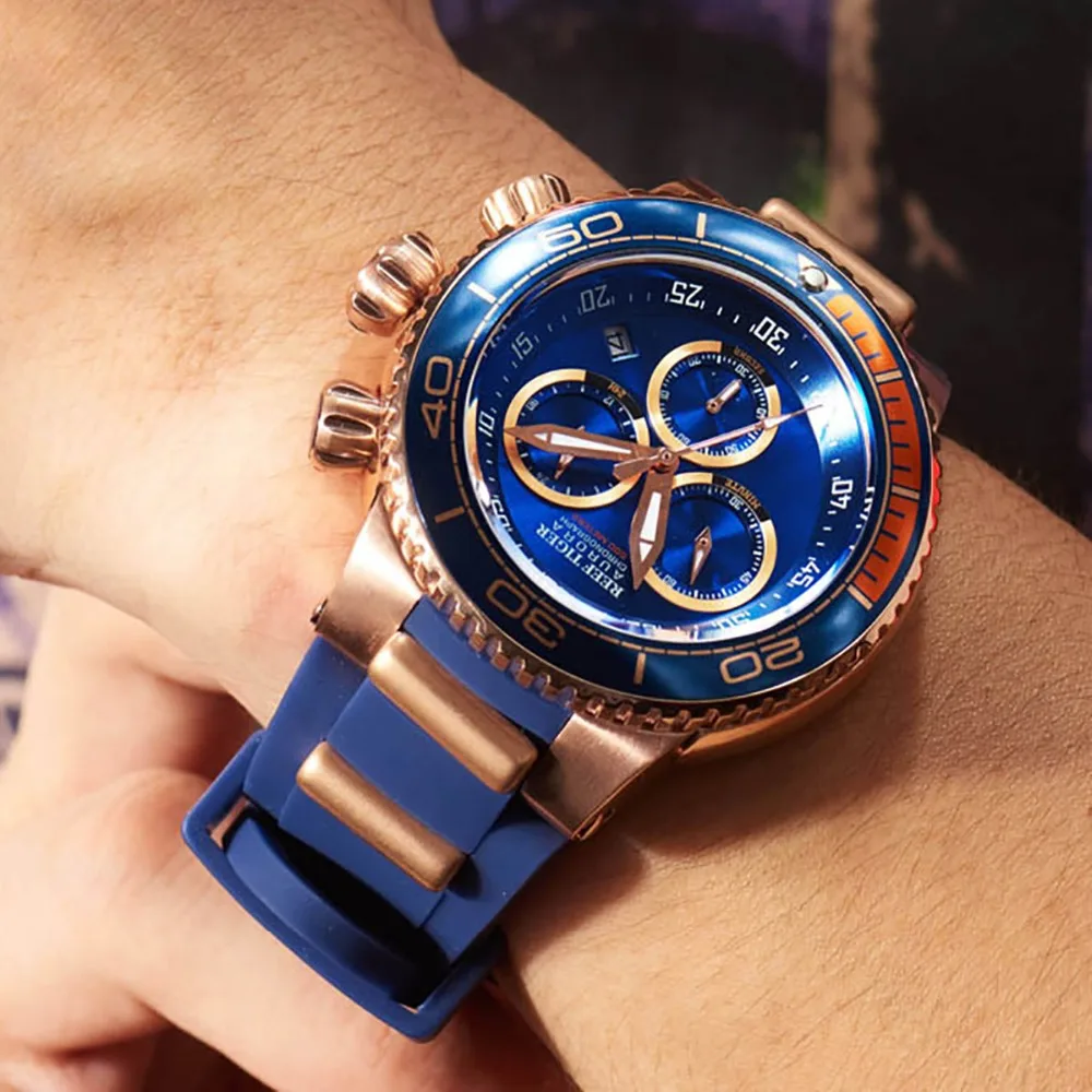 Риф Тигр/RT лучший бренд Роскошные синие спортивные часы для мужчин розовое