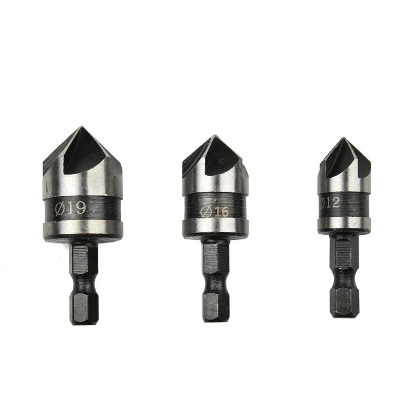 

3Pcs 5 Flute Hex Shank Countersink Drill Bit Set 90 Chamfer Cutter Wood/Metal