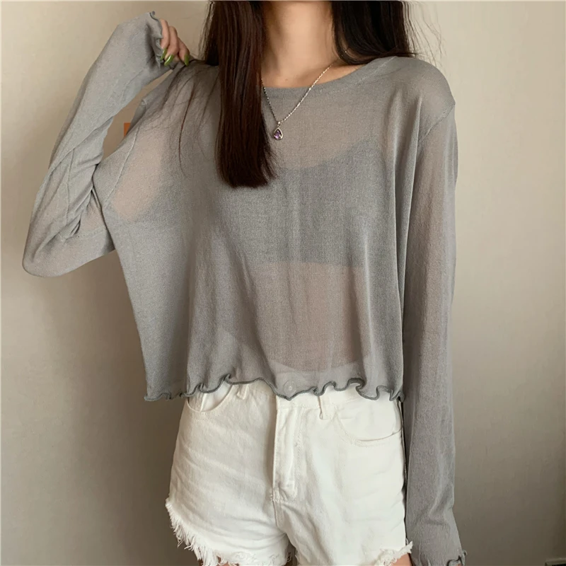 

O-Neck Long Sleeve Sun Protection Shirt Women Korean Style Simple Lace Tops Woman Thin Loose Solid Short Top Ladies Summer 2021