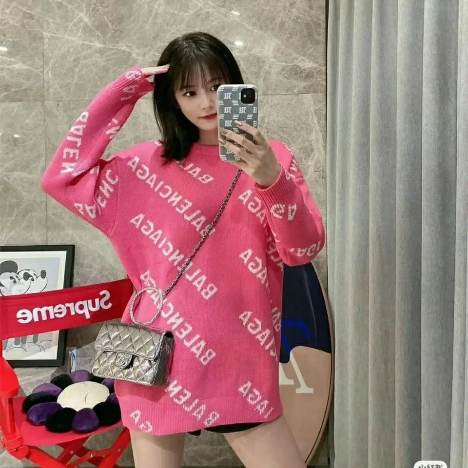 

Autumn and Winter 2021 New Jacquard Letters Fashion Trend Medium Length Sweater Women's Large Size Loose Knit Versatile