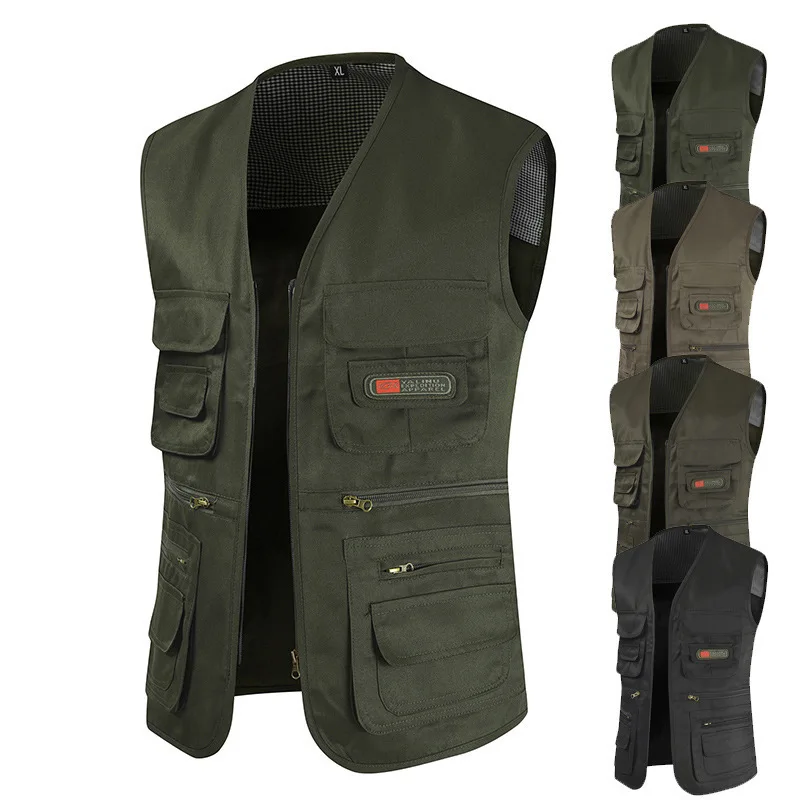 

New Men's Vest Zipper V-neck Sleeveless Pocket Decor Loose Casual Breathable Washable Male Autumn Jacket
