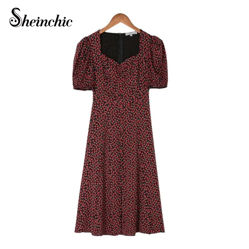 

Runway Designers Dress Vintage Short Puff Sleeve Red Floral Printed Midi Dresses for Women Summer 2021