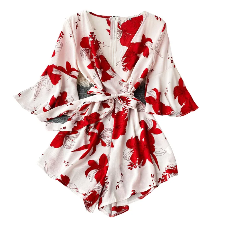 

Aibeautyer Print Beach Style Chiffon Women Playsuits Korean High Lacing Wide Leg Jumpsuits V Neck Flare Sleeve Boho Rupe Femme