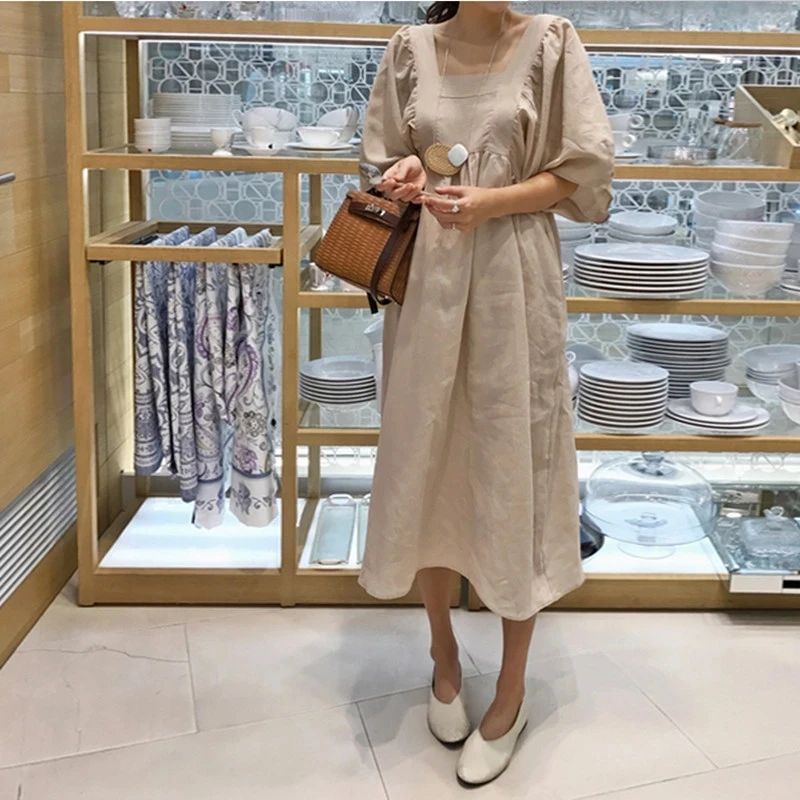 Свободное Хлопковое платье трапеция с коротким рукавом корейское mori girl