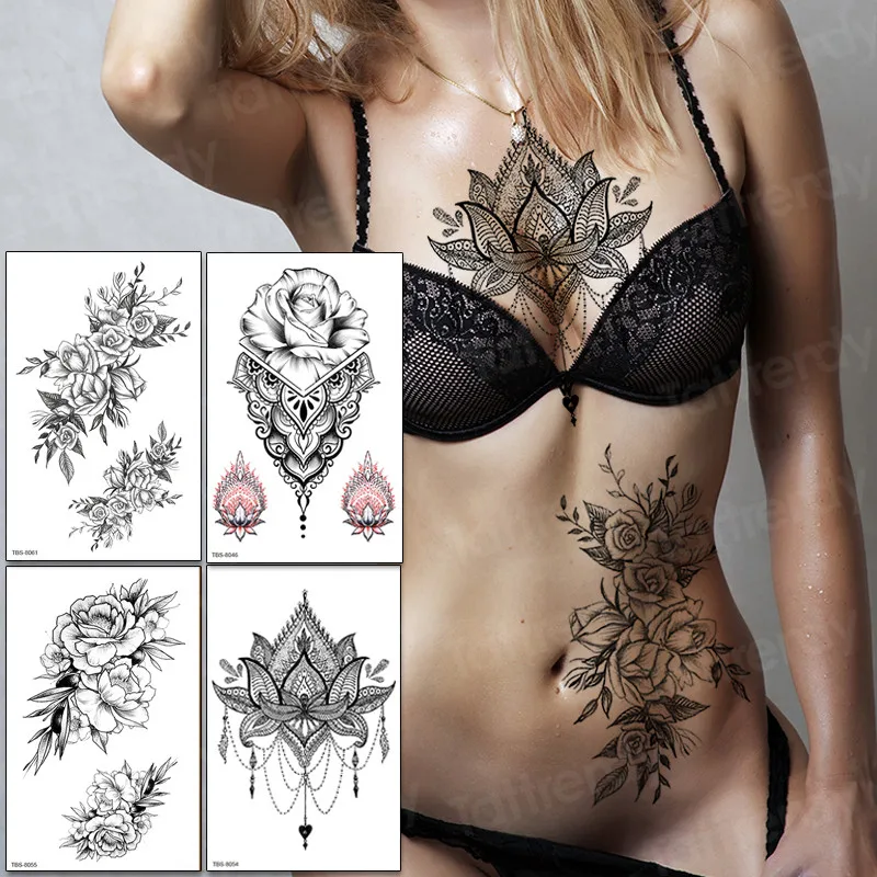 

Sexy Lace Lotus Pendants Tattoos For Women Black Henna Temporary Tattoo Sticker Water Transfer Fake Jewelry Bracelet Tatoo Paste