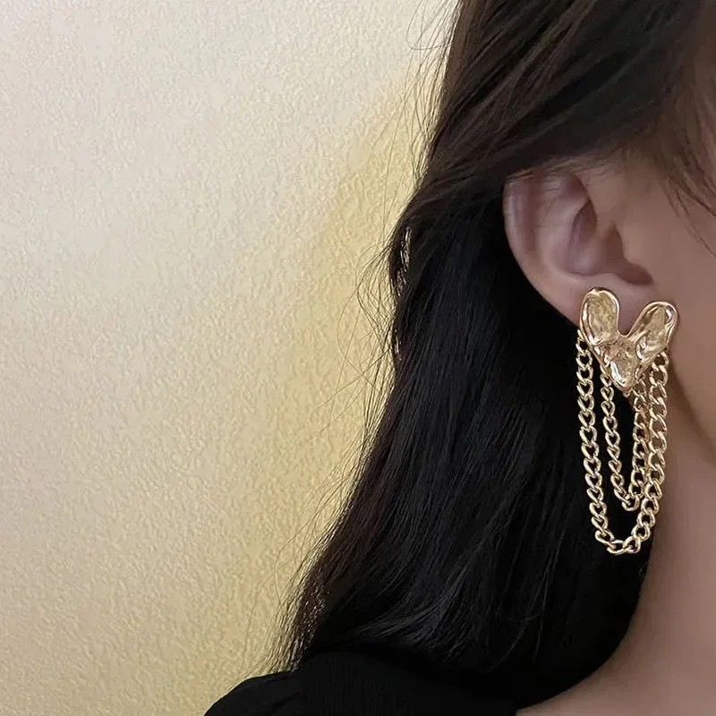 

New Gold Heart Tassel Dangle Earrings For Women Punk Long Chain Drop Earrings Hip Hop Punk Gothic y2k Jewelry Wholesale Gifts