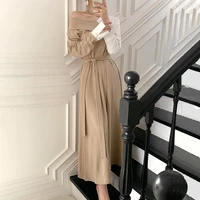 women casual elegant patchwork long maxi shirt dresses vintage long sleeve sashes loose midi vestido slim office lady robe