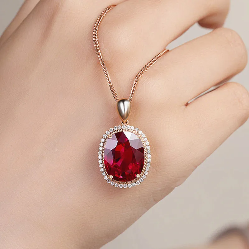 

Big Luxury Oval Red Crystal Ruby Gemstones Diamonds Pendant Necklaces For Women 14k Rose Gold Color Choker Jewelry Bijoux Gifts