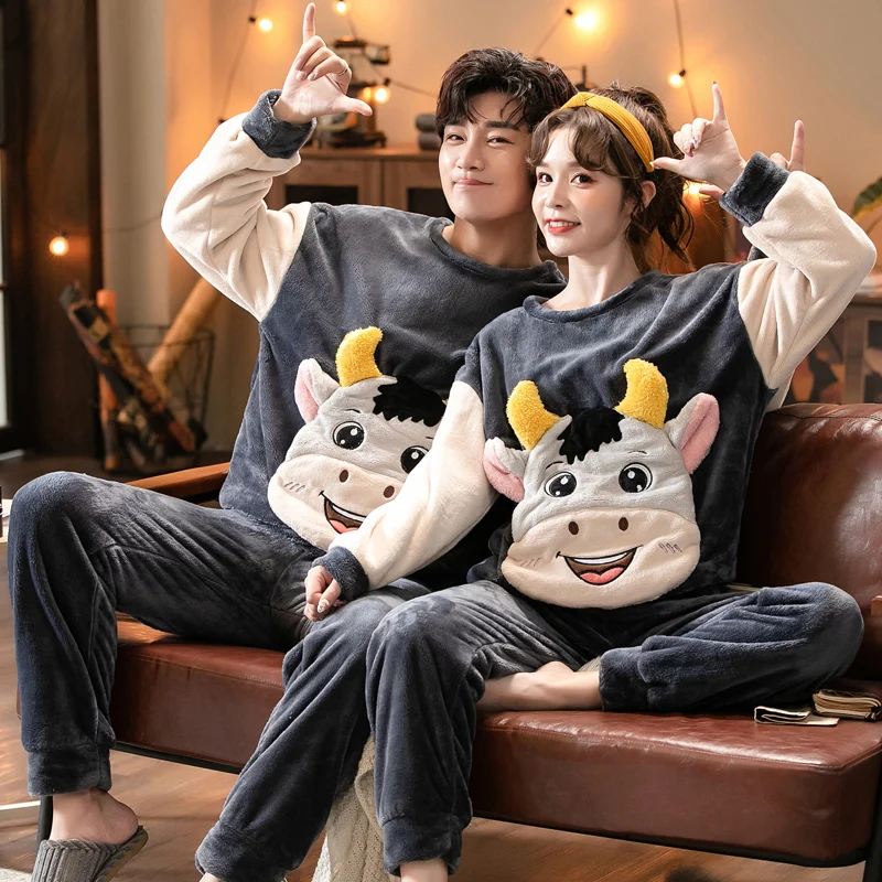 2021 Winter Long Sleeve Couple Thick Warm Flannel Pajama Sets for Men Comic Print Coral Velvet Sleepwear Women Homewear Clothes