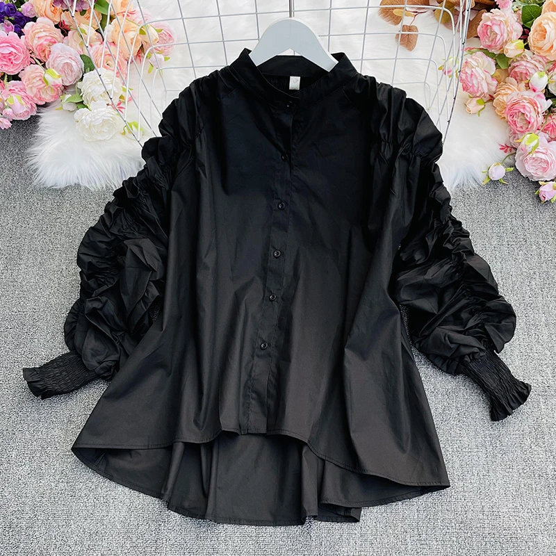 

KUSAHIKI Women Blouses Causal Korean Pleated Puff Sleeve Shirt 2021 Spring New Fashion Turn-down Collar Blusas Mujer 6F699