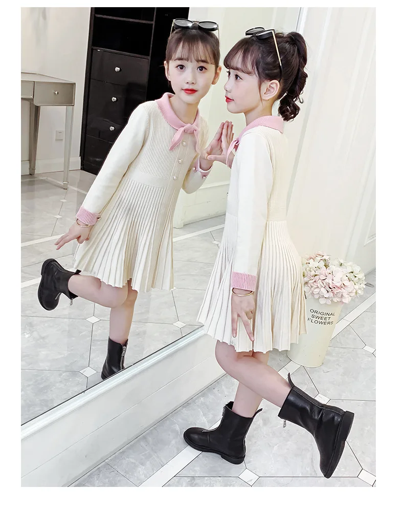 

2021 Autumn Winter Knitted Sweater Dress for Girls Children's Clothing Teenage Girls School Uniform Pleated Dress Kids Clothes