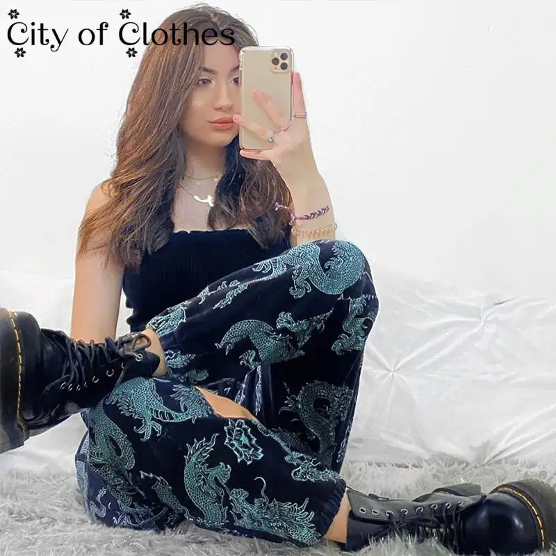 

2021 Women Streetwear Pants Harajuku Gothic Vintage Black Harm Pant Dragon Print High Waist Casual Loose Long Trousers Female