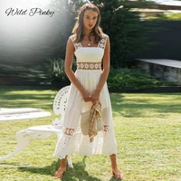 wildpinky 2022 new solid spaghetti strap boho elegant hollow out lace dress women summer style midi white cotton dress vestidos