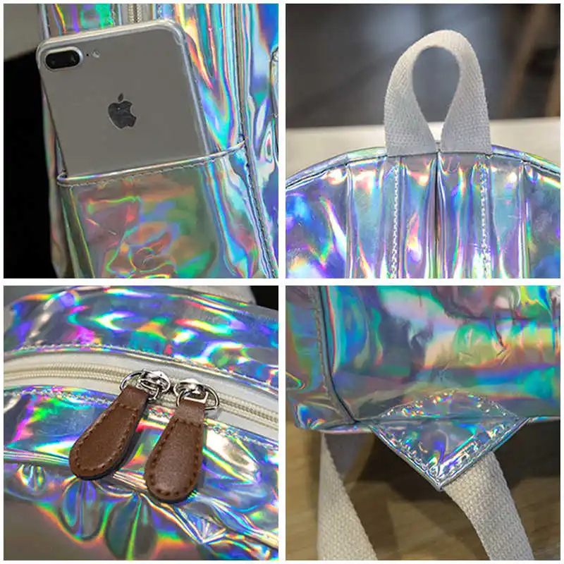 

2020 female large capacity female soft laser backpack leather silver travel backpack hologram school bags for teen #55