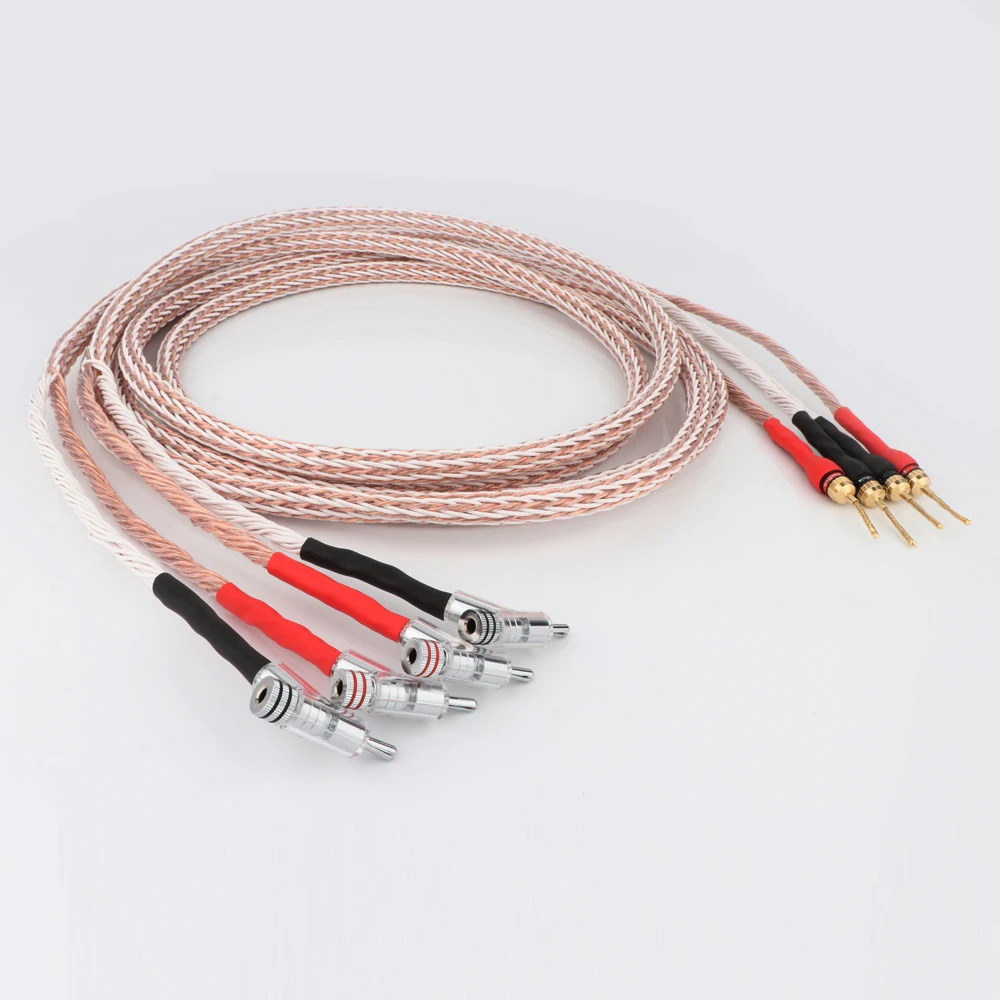 

Pair Hi-End 8TC 5N OCC Copper Speaker Cable Gold Plated Banana Pin Plug To Rhodium Plated Angled Plug HiFi Loudspeaker Cable