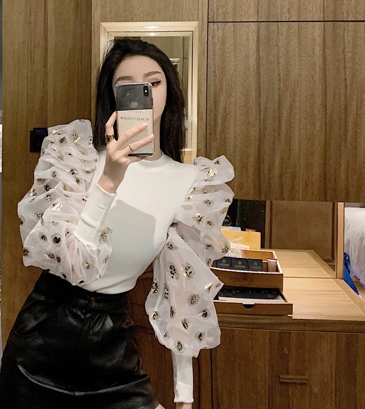 

Spring 2021 New Women's Clothing Fashion Chic Knitted Chiffon Flare Long Sleeved Autumn Stand Collar Sequined Elegant Tops