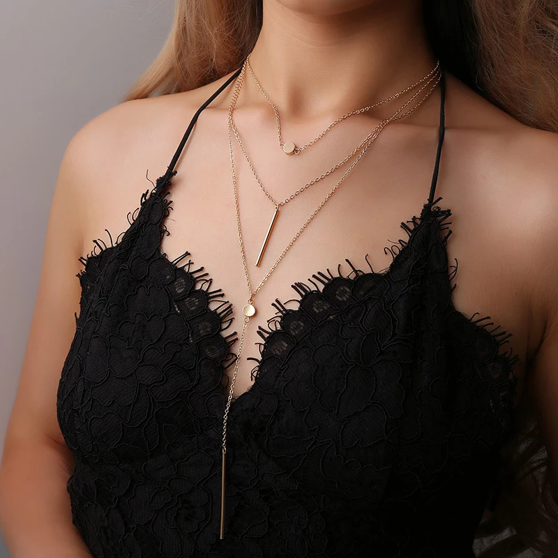 

Women Multilayer Necklace Long Round Pendant Bohemia Accessories Unique Chain Simple Vintage Choker Gold Party Jewelry Gifts