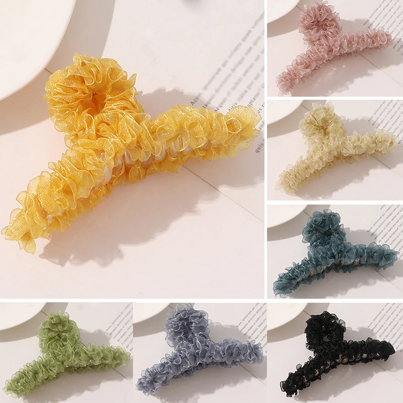 

1PC Fluffy Net Yarn Hairpin Geometric Barrettes Lace Mesh Hair Claws Fashion Shark Clip Candy Color Hair Clip For Girls