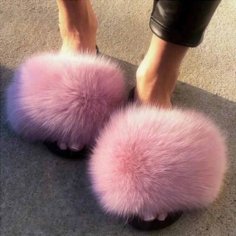 

Hot Summer Women Fox Fur Slippers Real Fur Slides Female Indoor Flip Flops Casual Fur Sandals Furry Fluffy Plush Shoes