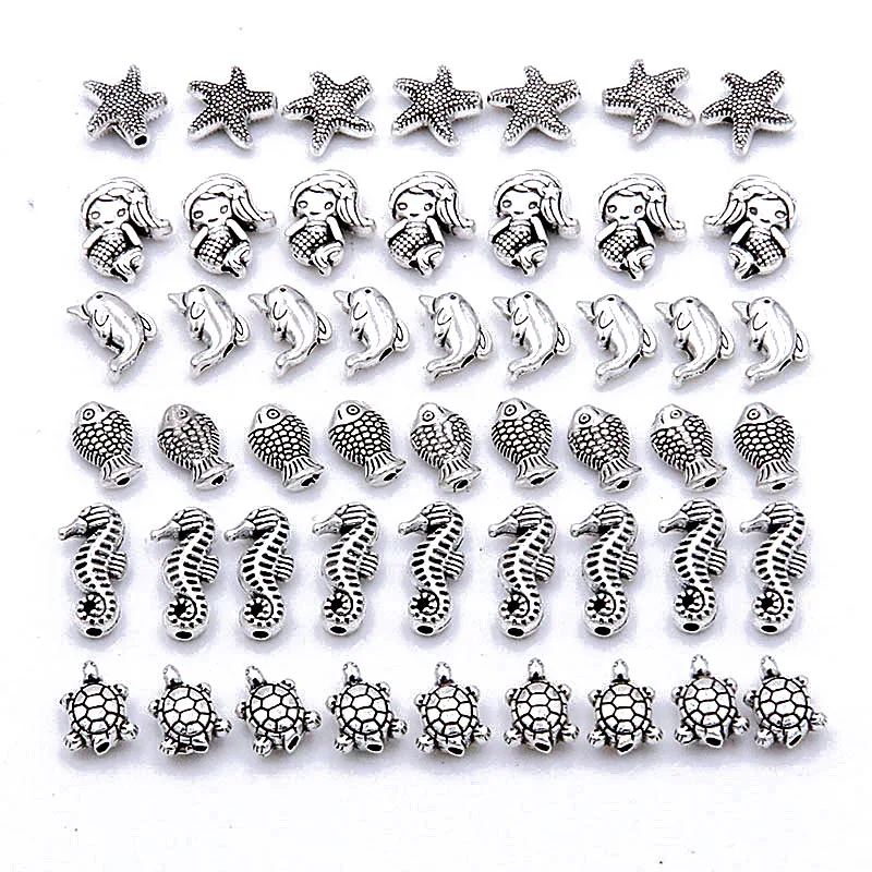 30Pcs 6Style Mermaid Turtle Dolphin Small Hole Bead Spacer Marine Life Charms For DIY Necklace Bracelets Jewelry Handmade Making