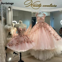 sevintage pink ball gown prom dresses beading lace apppliques 3d flowers elengant party gown crystal sweetheart evening dress