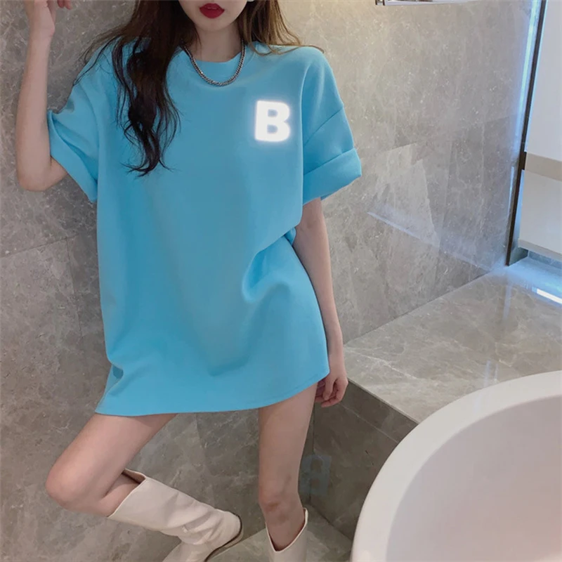 

QRWR T Shirt Women 2021 Summer Casual Personality Letter Reflective T Shirt Loose Solid Color Short Sleeve Bottoming Shirt Top