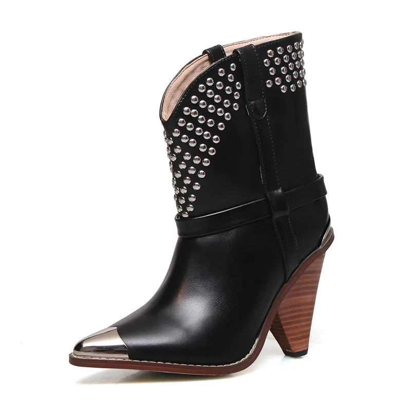 

Metal pointed tapered high heel boots female rivet leather wedge heel personalized short tube big size boot girl