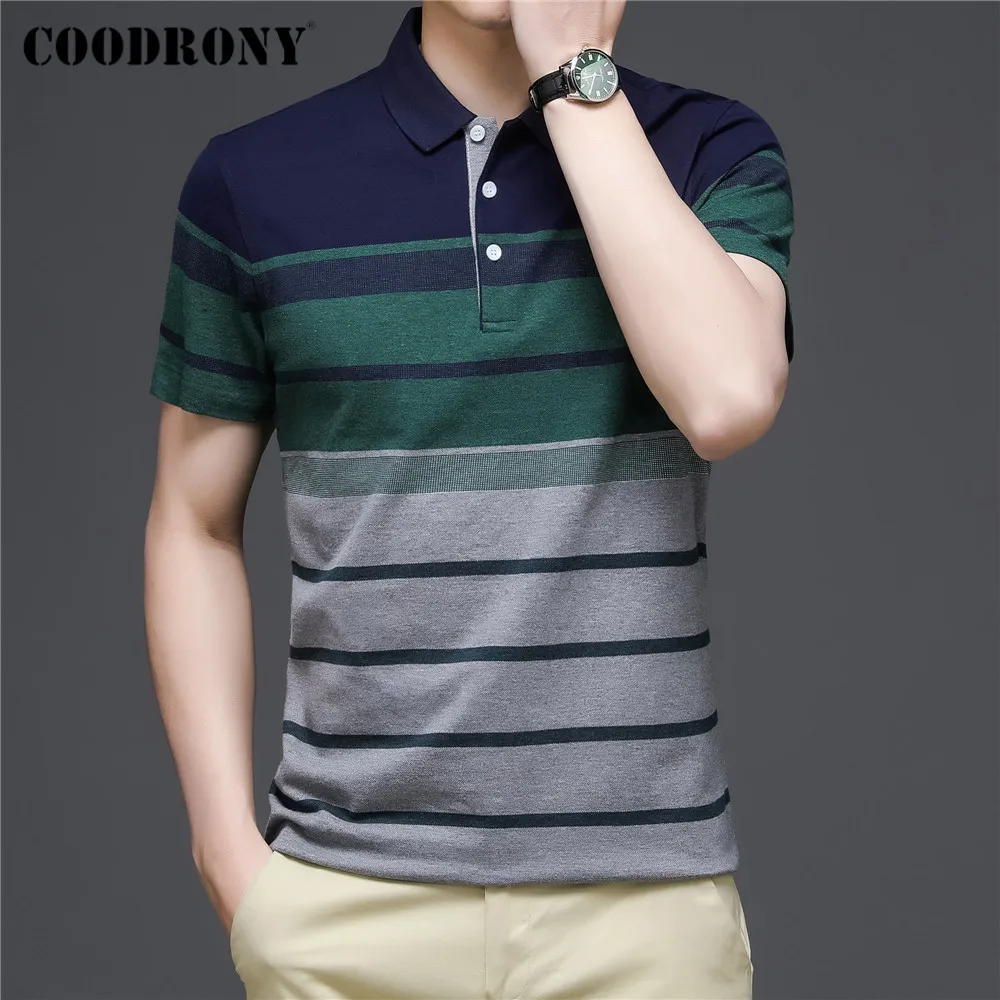 COODRONY Brand Spring Summer Fashion Stripe Short Sleeve Polo-Shirt Men High Quality 100% Cotton Business Casual Cool Top C5185S