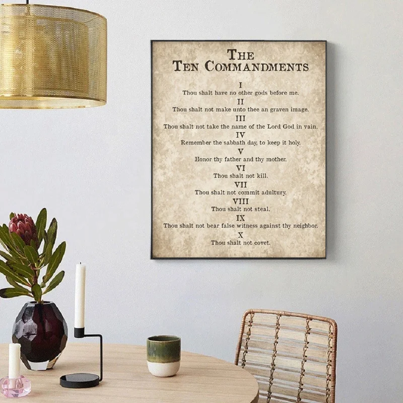 Печатный христианский постер "Десять заповедей" из главы 20 "Исхода" на холсте в античном стиле для декора дома в фермерском стиле.