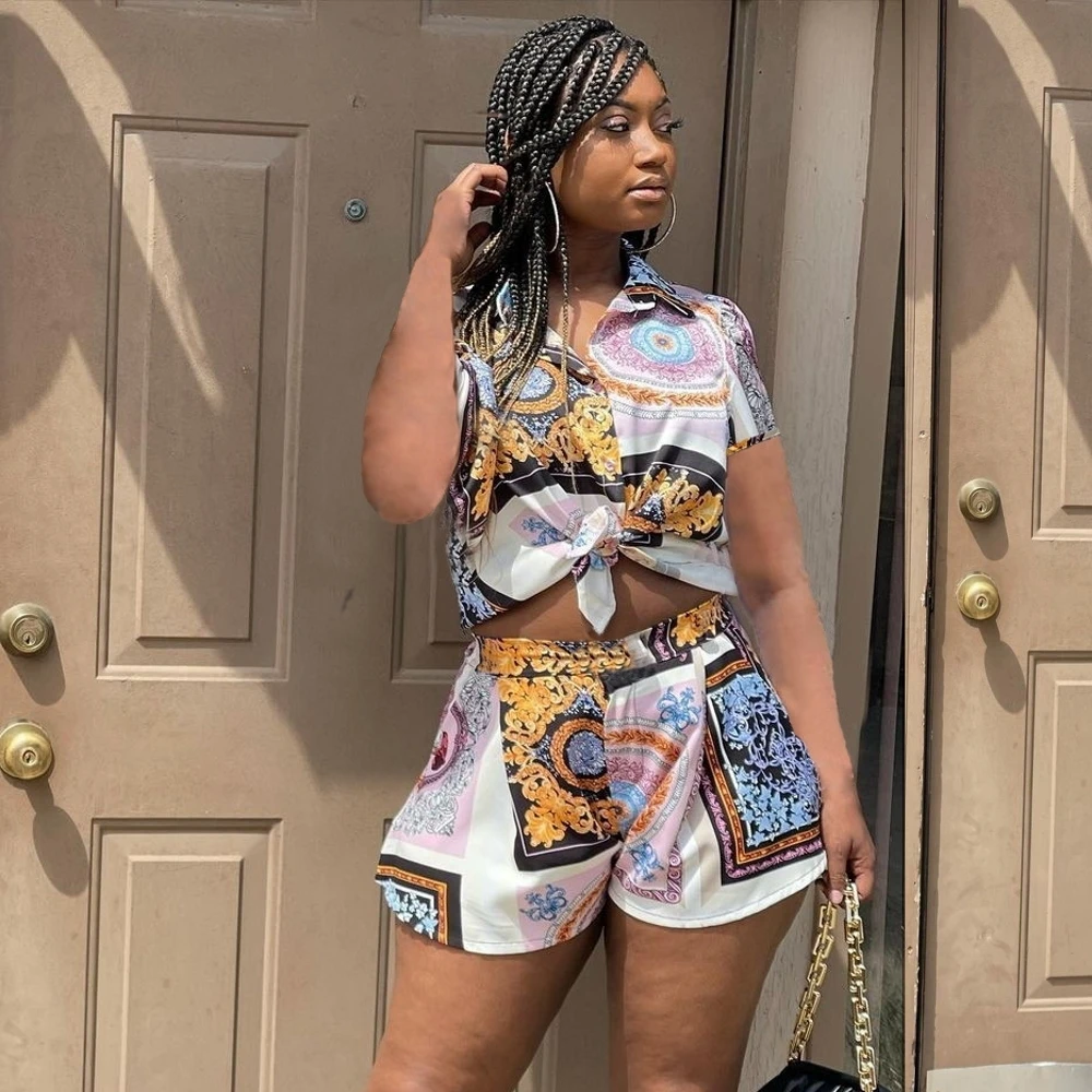 

Летний комплект из 2 предметов с шортами, сексуальные модные женские комплекты, женские топы, рубашка с коротким рукавом и цветочным принтом...