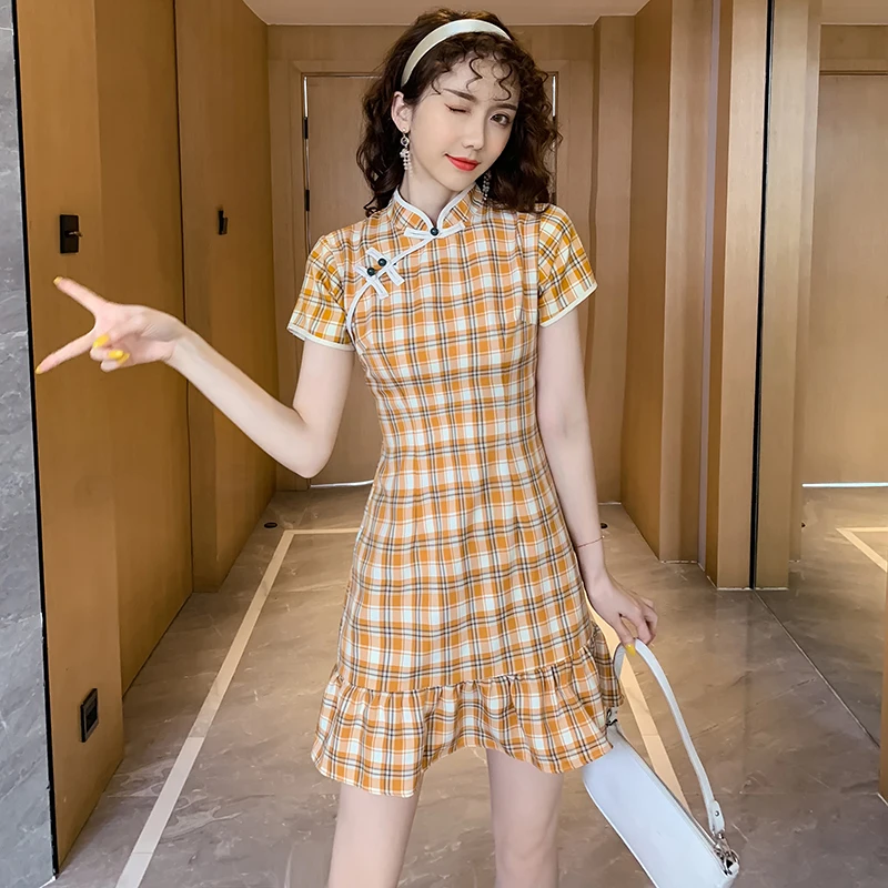 

Женское облегающее платье в клетку, элегантное клетчатое пляжное повседневное мини-платье в китайском стиле с коротким рукавом, лето 2022