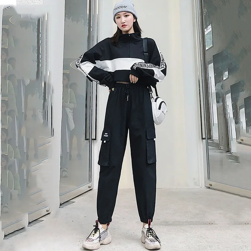 

2021 Autumn High Waist Streetwear Cargo Pants Female Harajuku Loose Joggers Women 2 Piece Suit harem camo pants
