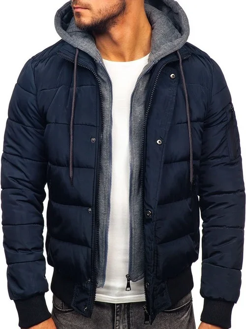 

Men's Hooded Zipper Fake Double Layer Plus Velvet Warm Cotton Jacket