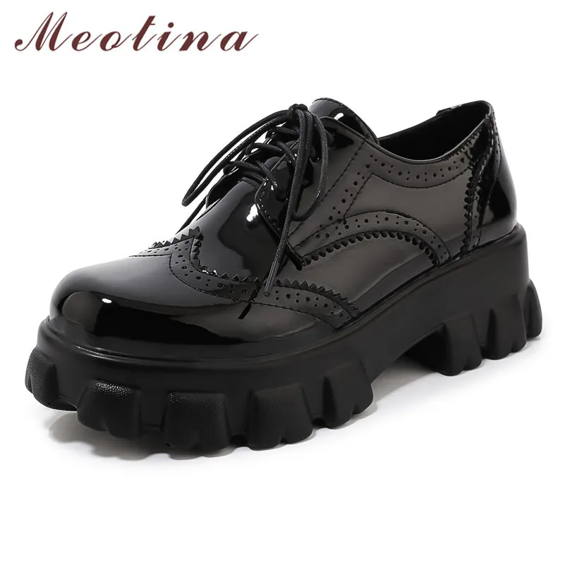 

Meotina High Heels Women Pumps Patent Leather Platform Block High Heel Brogue Shoes Lace Up Round Toe Shoes Lady Plus Size 33-46