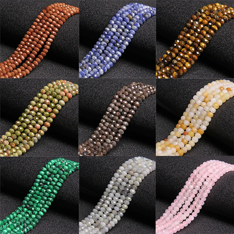 

Natural Faceted Rondelle Stone Beads Black Spinels Labradorite Agates Jaspers Loose Spacer Beads for DIY Bracelet Necklace 4x6mm