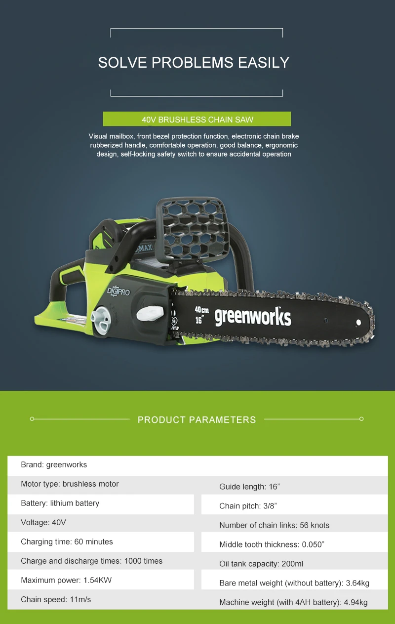 Greenworks 40v Беспроводная цепная пила бесщеточный мотор 20312 бензопила, не включая аккумулятор и зарядное устройство